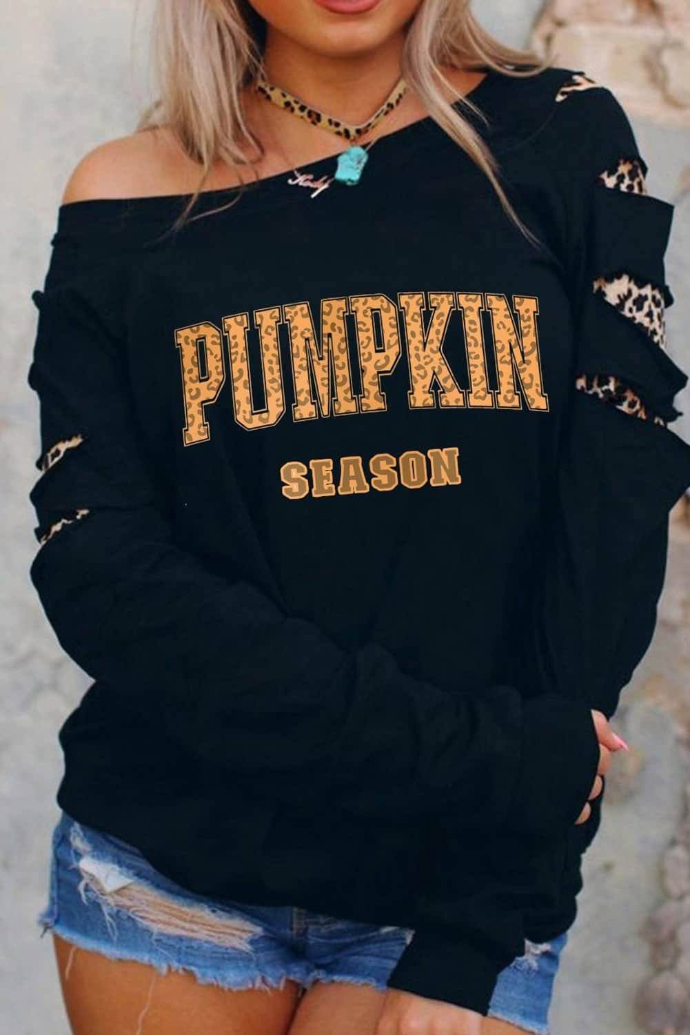 Black Leopard Pumpkin Season Graphic Ripped Sleeve Sweatshirt