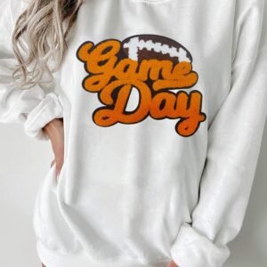 White Chenille Game Day Rugby Football Pattern Pullover Sweatshirt
