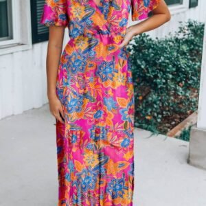 Rose Wrap V Neck Floral Maxi Dress