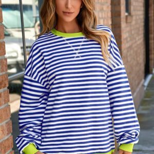Sky Blue Stripe Striped Contrast Ribbed Trim Drop Shoulder Baggy Sweatshirt