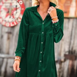 Green Long Sleeve Ruffle Velvet Button Up Dress