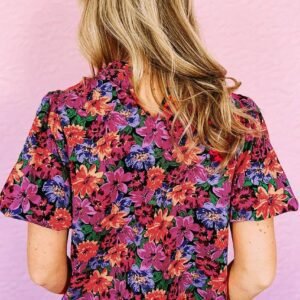 Multicolor Floral Print Round Neck Puff Sleeve Blouse