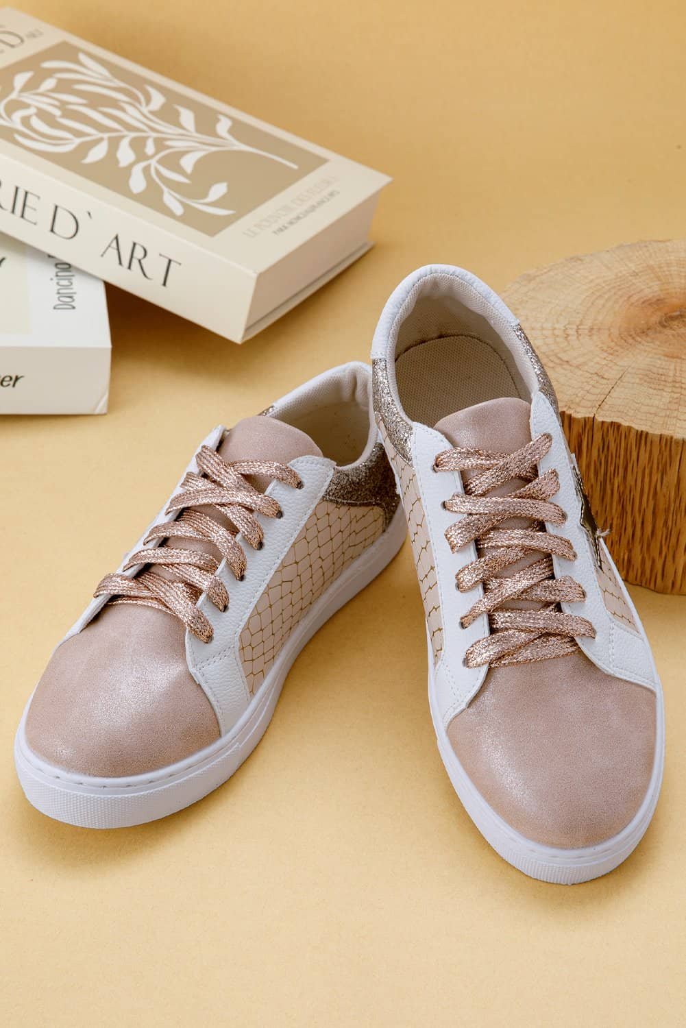 Gold Glitter Star Patchwork Pu Leather Lace-Up Sneakers