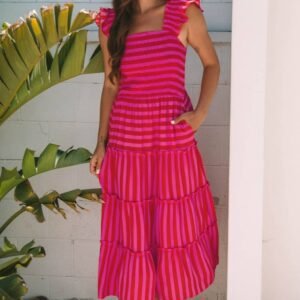 Rose Stripe Flutter Sleeve Smocked Bodice Tiered Maxi Dress