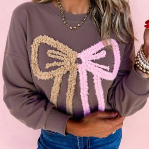 Dark Khaki Contrast Terry Bow Pattern Drop Shoulder Sweatshirt