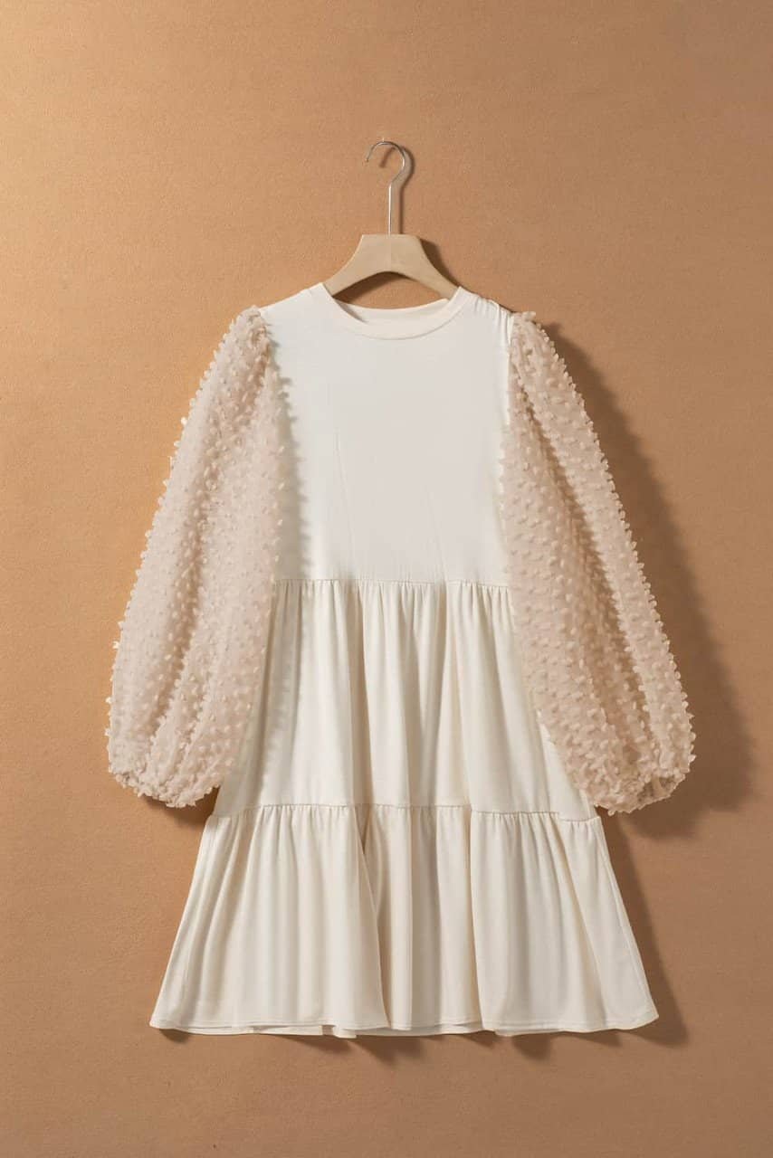 Beige Embellished Puff Sleeve Tiered A-Line Dress