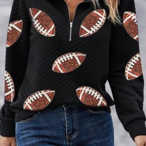 Black Sequin Rugby Football Patched Quarter Zip Textured Sweatshirt