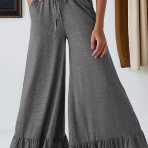 Medium Grey Ruffled Wide Leg Pull On High Waist Pants With Pockets