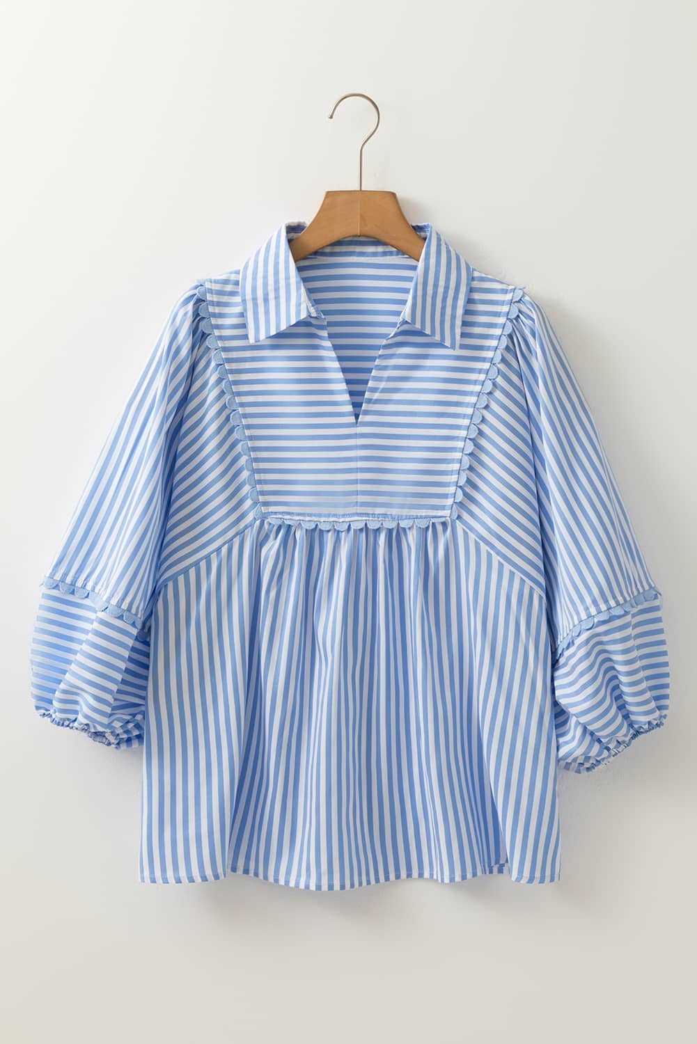 Sky Blue Stripe Shirt Collar V Neck Ricrac Trim 3/4 Puff Sleeve Blouse