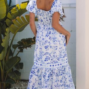 Sky Blue Floral Print Square Neck Bubble Sleeve High Waist Maxi Dress