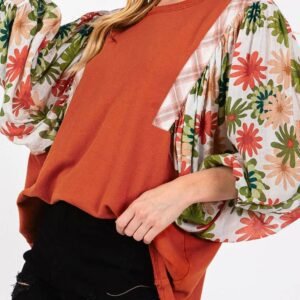 Desert Gold Floral Puff Sleeve Patchwork Round Neck Blouse