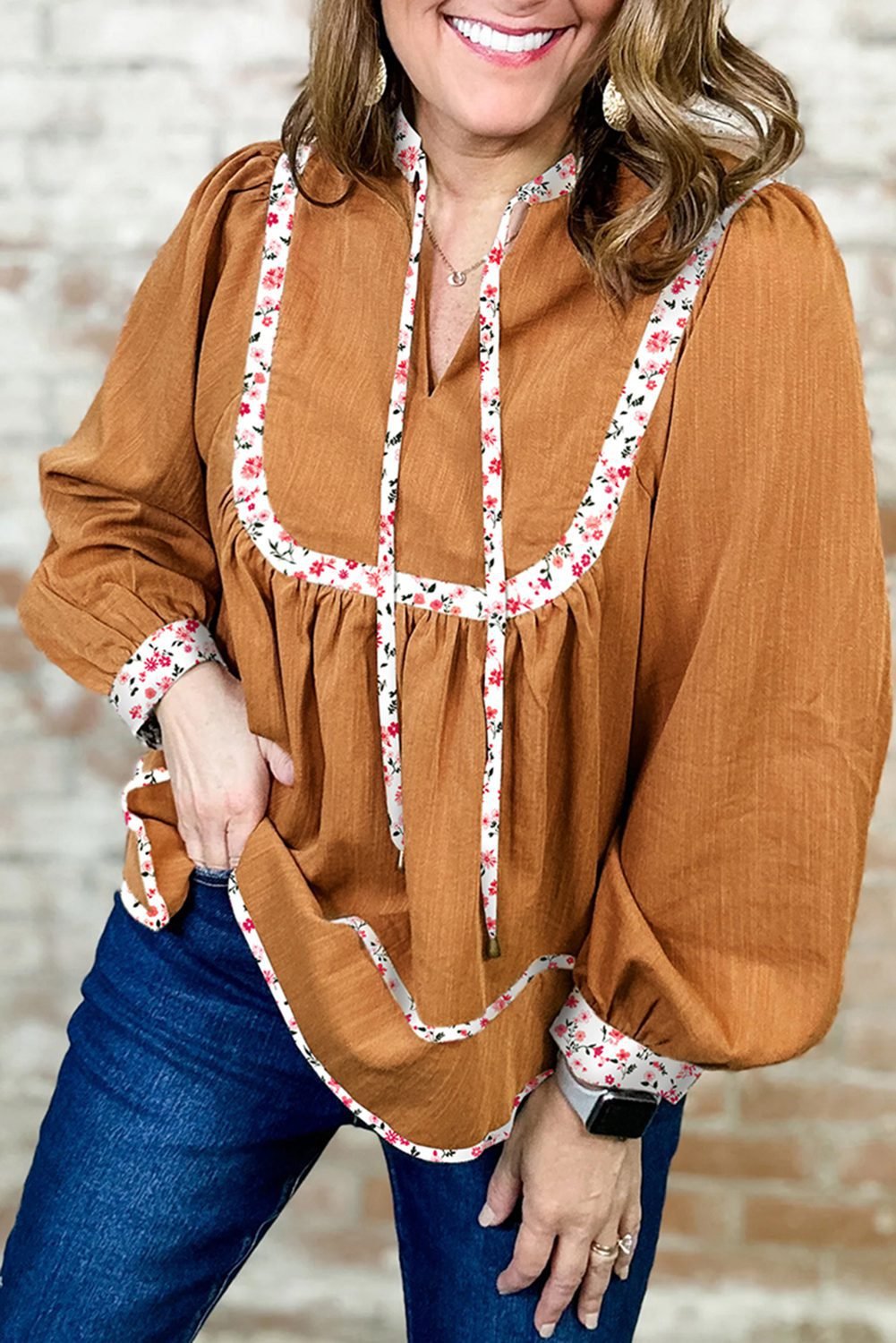 Straw Yellow Split Neck Pleated Floral Trim Long Puff Sleeve Blouse