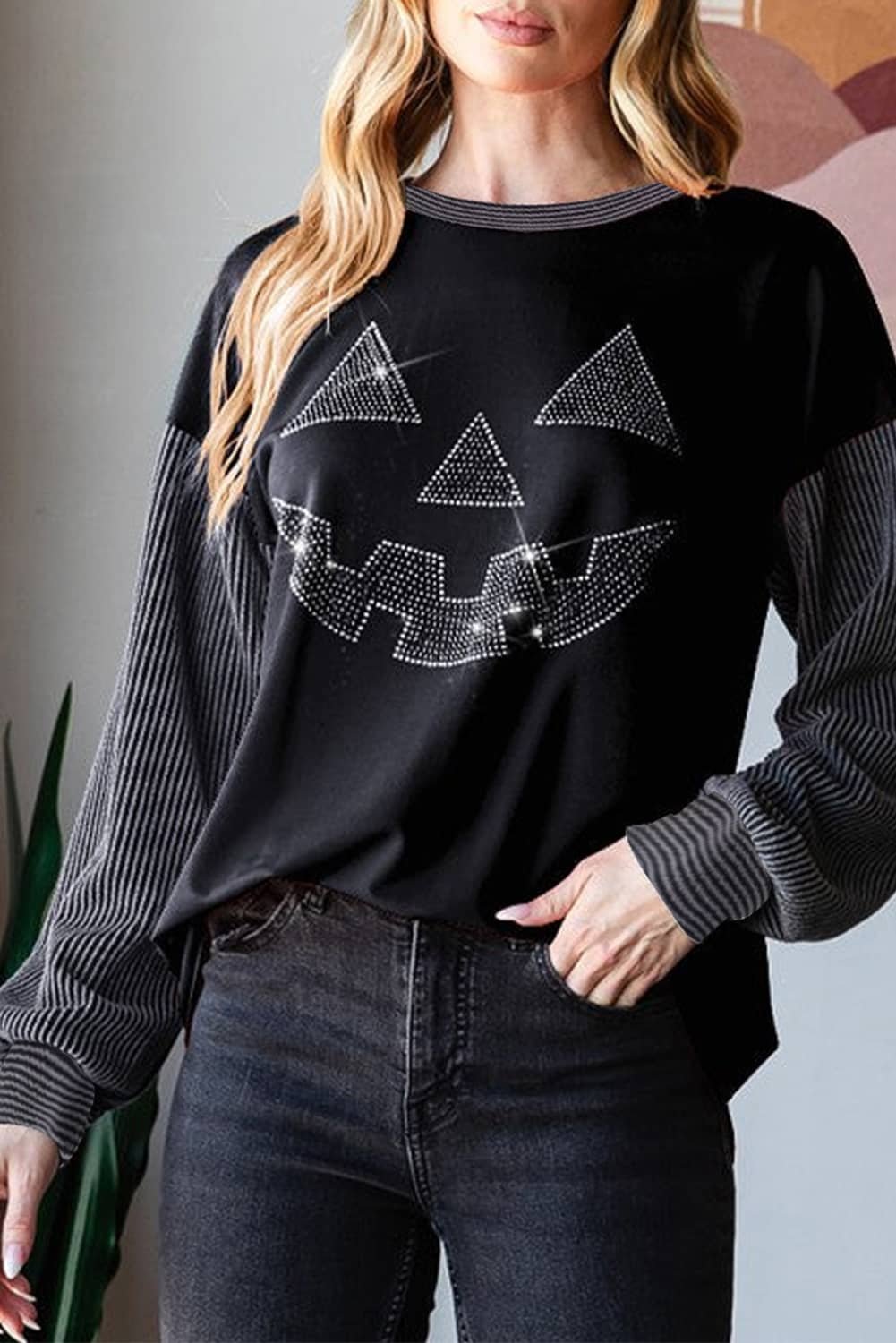 Black Halloween Rhinestone Pumpkin Face Contrast Ribbed Long Sleeve Patchwork Top