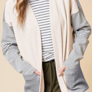 Black Stripe Colorblock Patchwork Open Front Cardigan With Pocket