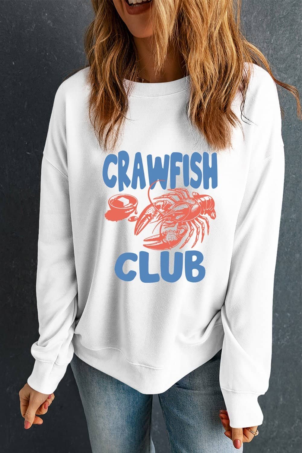 White Crawfish Club Printed Drop Shoulder Sweatshirt