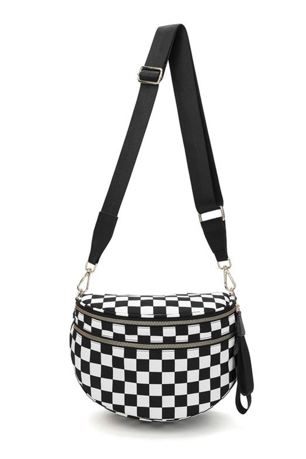 Color Black Checkered Print Wide Strap Large Crossbody Bag