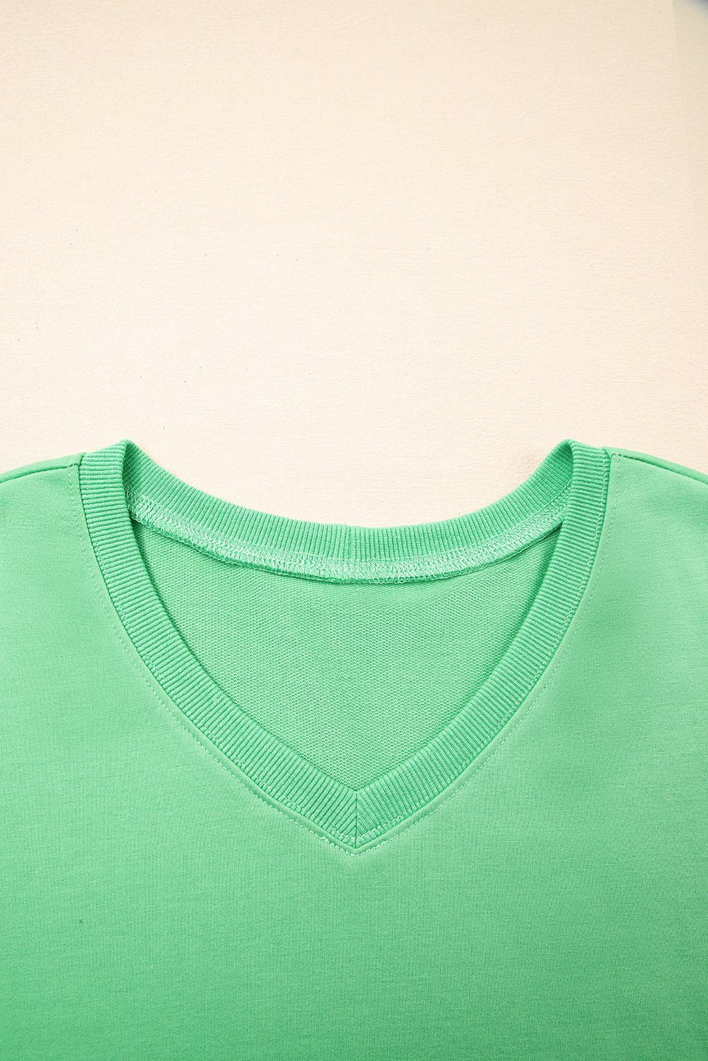 Mint Green V Neck Drop Shoulder Tee And Patchwork Drawstring Shorts Set