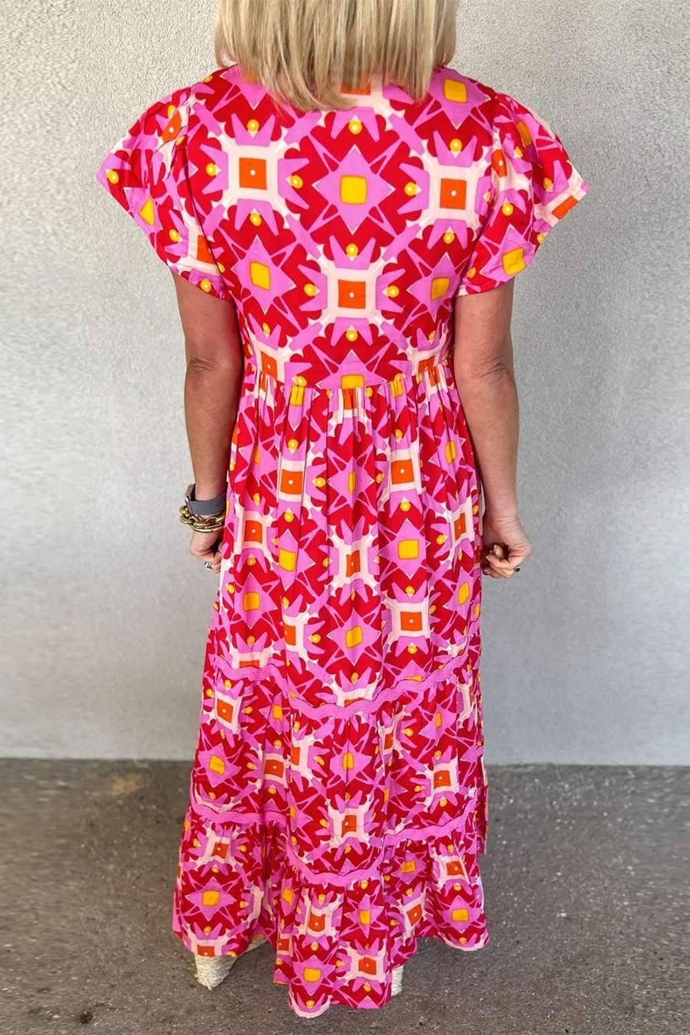 Strawberry Pink Geo Print V-Neck Maxi Dress