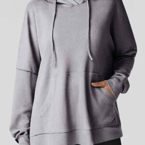 Gray Waffle Knit Fleece Lined High Low Oversized Hoodie