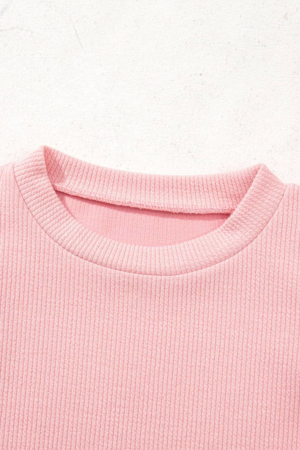 Light Pink Pearl Beaded Ruffle Short Sleeve Patchwork Ribbed Blouse