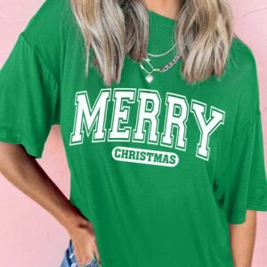 Bright Green Merry Christmas Letter Graphic Loose T Shirt