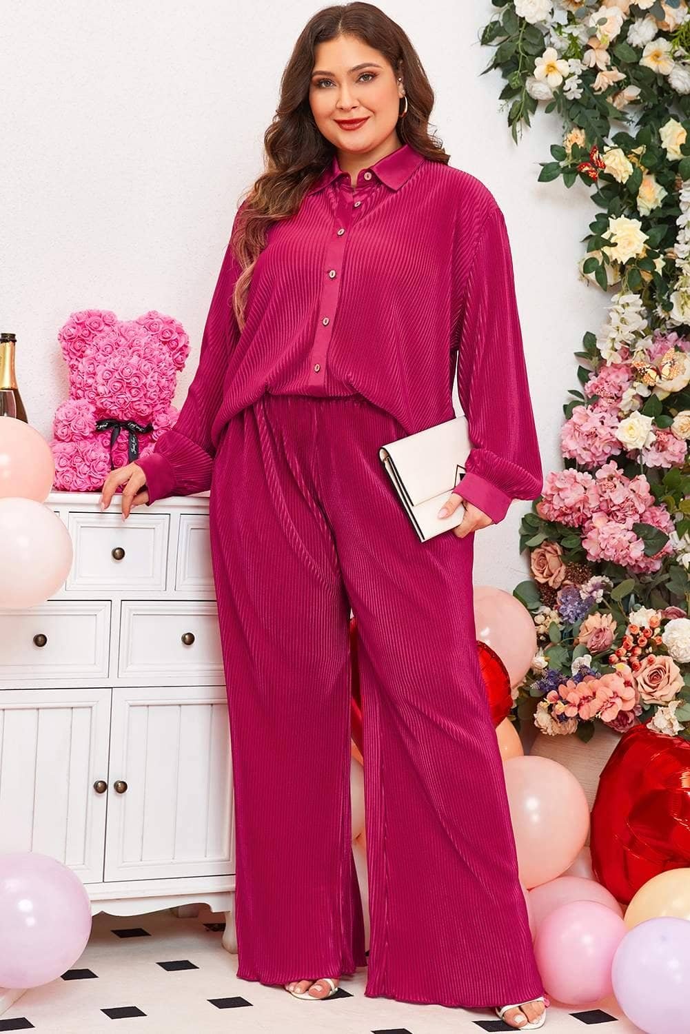 Rose Red Plus Size Ribbed Long Sleeve Shirt And Pants Pajama Set