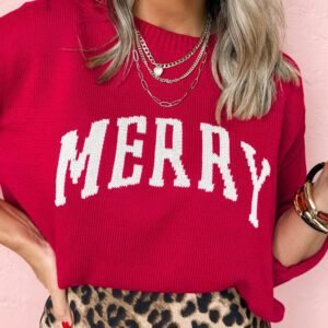 Fiery Red Merry Letter Pattern Christmas Holiday Baggy Sweater