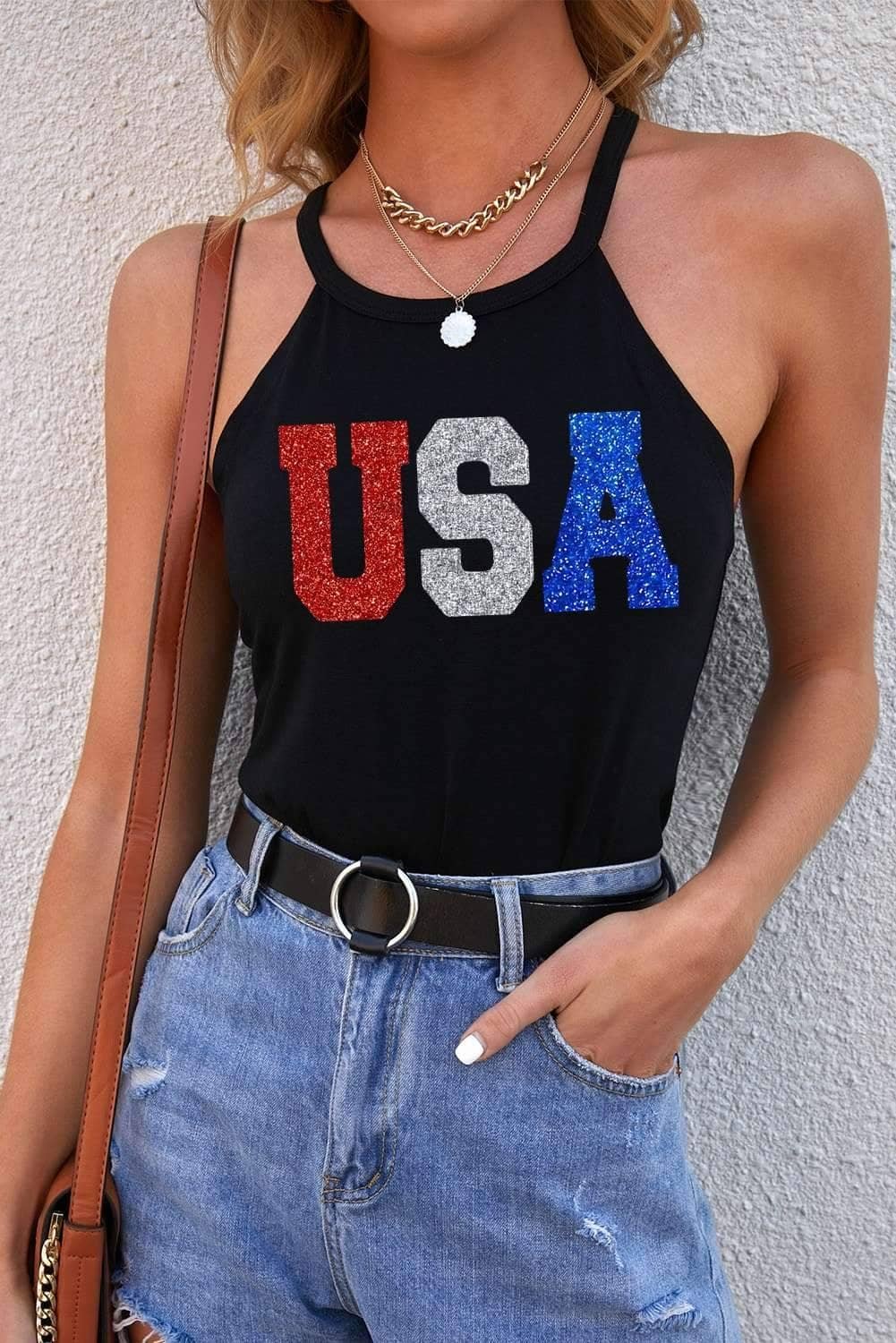 Black Glitter Usa Letters Graphic Tank Top