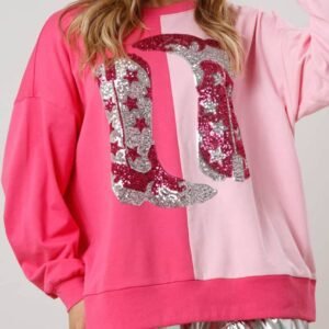 Pink Color Block Sequined Cowgirl Boots Graphic Sweatshirt
