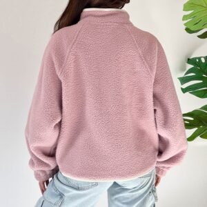 Fushia Stand Neck Half Button Zip Pocket Plush Sweatshirt