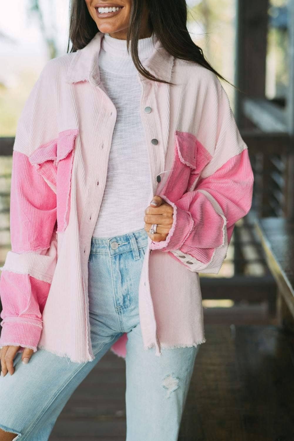 Delicacy Two-Tone Color Exposed Seam Corduroy Shacket
