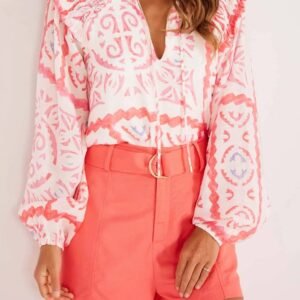 Desert Flower Vintage Print Smocked Poet Collar Billowy Blouson Sleeves Blouse