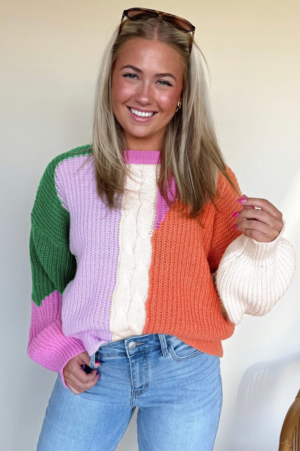 Desert Gold Color Block Textured Knit Drop Shoulder Loose Fit Sweater
