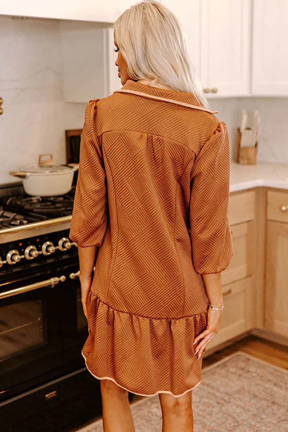 Desert Gold Quarter Zip Collar Bracelet Sleeve Textured Mini Dress