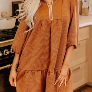 Desert Gold Quarter Zip Collar Bracelet Sleeve Textured Mini Dress