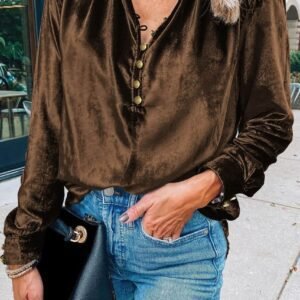 Desert Palm Frilled Neck Buttoned Front Velvet Top