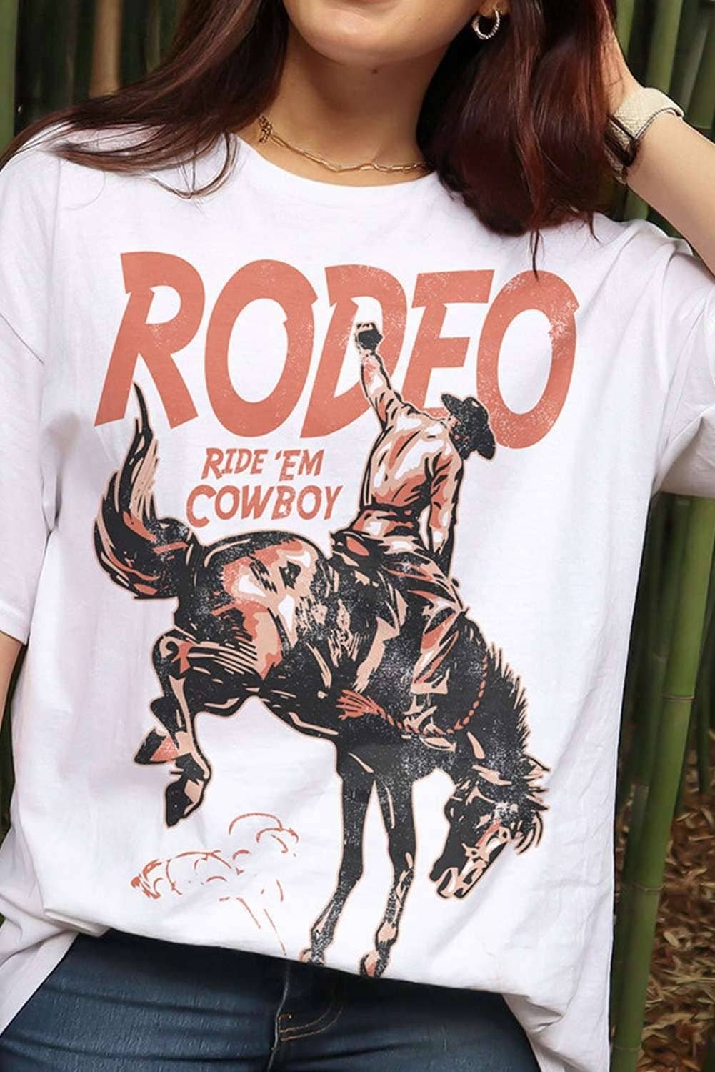 White Rodeo Cowboy Graphic Crewneck T Shirt