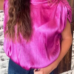 Bright Pink Ruched Sleeves Knotted Backless Blouse