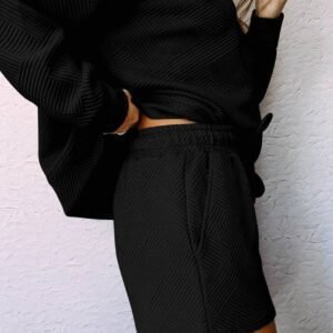 Black Textured Long Sleeve Top And Drawstring Shorts Set