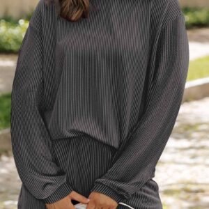 Carbon Grey Corded Knit Long Sleeve Top And High Waist Shorts Set