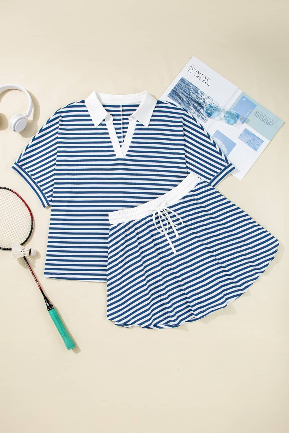 Blue Stripe Short Sleeve Collared V Neck Top Plus Size Short Set