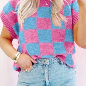 Sachet Pink Colorblock Plaid Pattern Ribbed Trim Sweater Tank Top