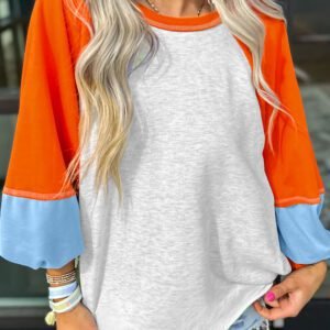 Light Grey Color Block Raglan Sleeve Contrast Stitching Loose Fit Top