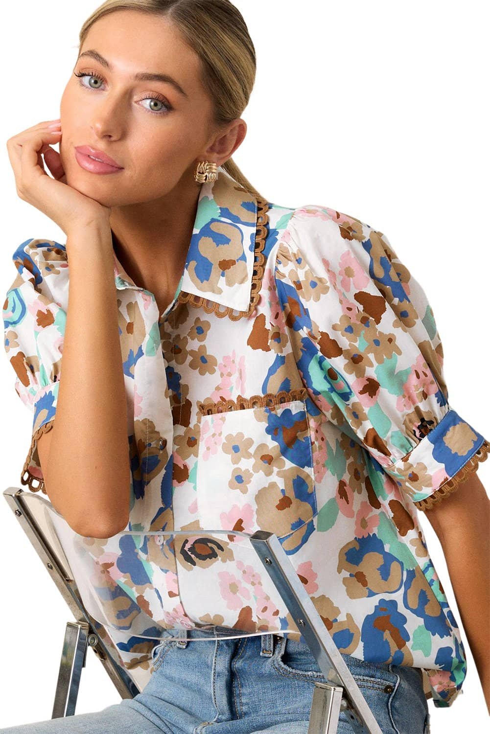 Multicolour Floral Print Ricrac Trim Collared Puff Short Sleeve Shirt