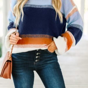 Dark Blue Color Block Round Neck Tunic Sweater