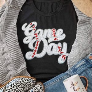 Black Sequin Game Day Graphic Crew Neck Tee