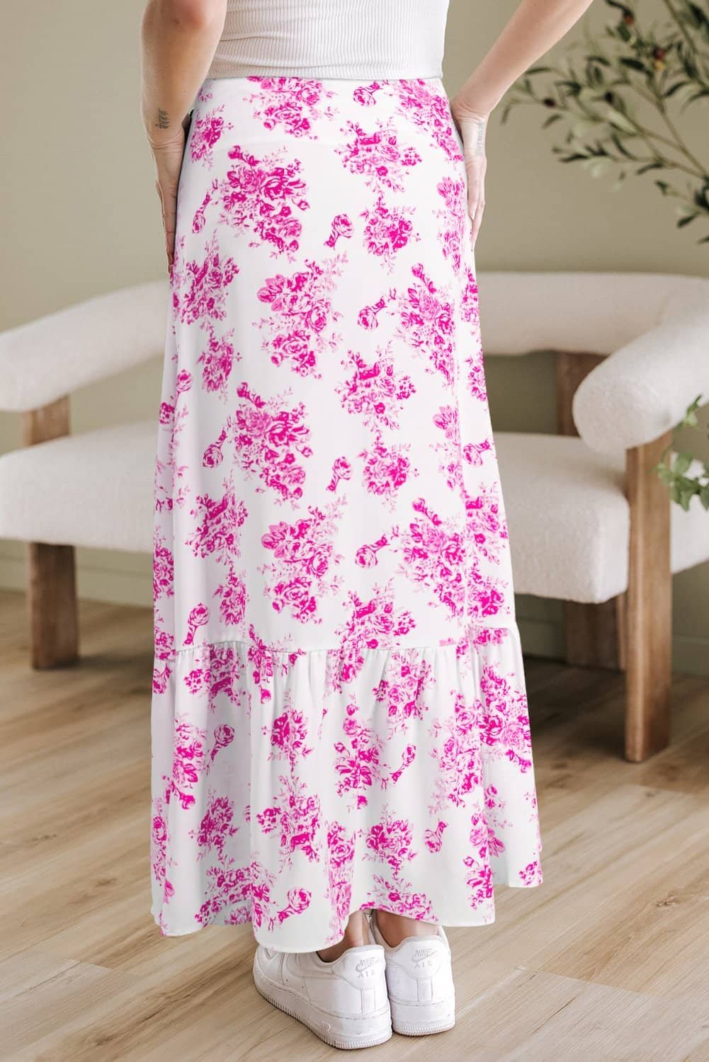 Rose Boho Floral High Waist Ruffle Split Maxi Skirt
