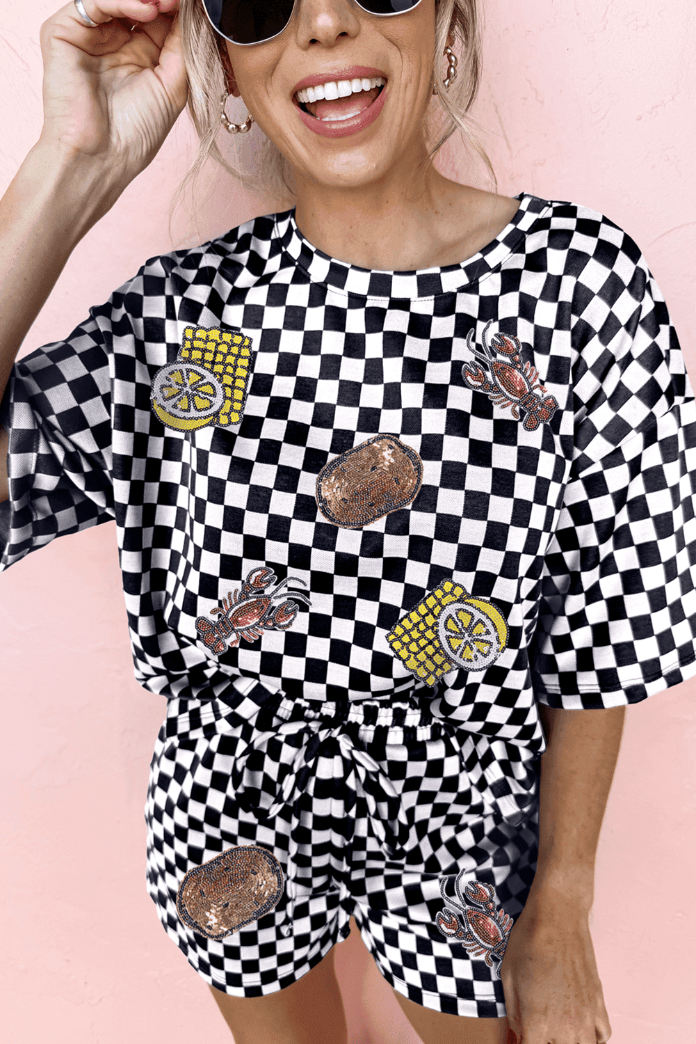 Black Sequined Crawfish Checkered Half Sleeve Top And Shorts Lounge Set