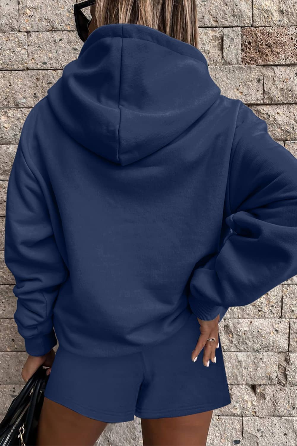 Navy Blue Button Drawstring Hooded Pullover And Casual Short Set