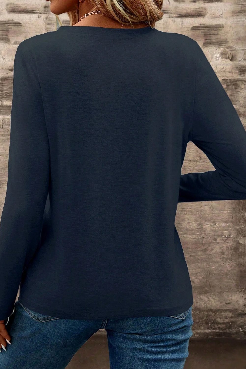 Dirty Blue Notch V Neck Pocket Patched Long Sleeve T Shirt